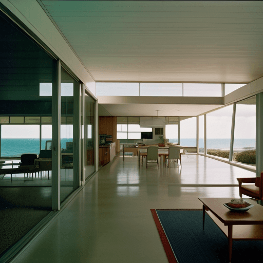 AI generated: Hyper realistic eye level exterior photo of a mid century modern style house overlooking the ocean, ...