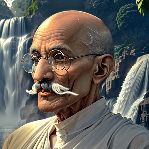 AI generated: Mahatma Gandhi Stunning visual photograph of an older, bald man wearing round transparent lenses, wh...
