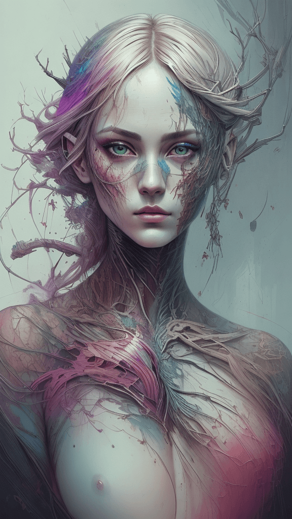 AI generated: Art by Carne Griffiths, Moondragon, perfect face, perfect body, Knitting clothes, perfect digital pa...