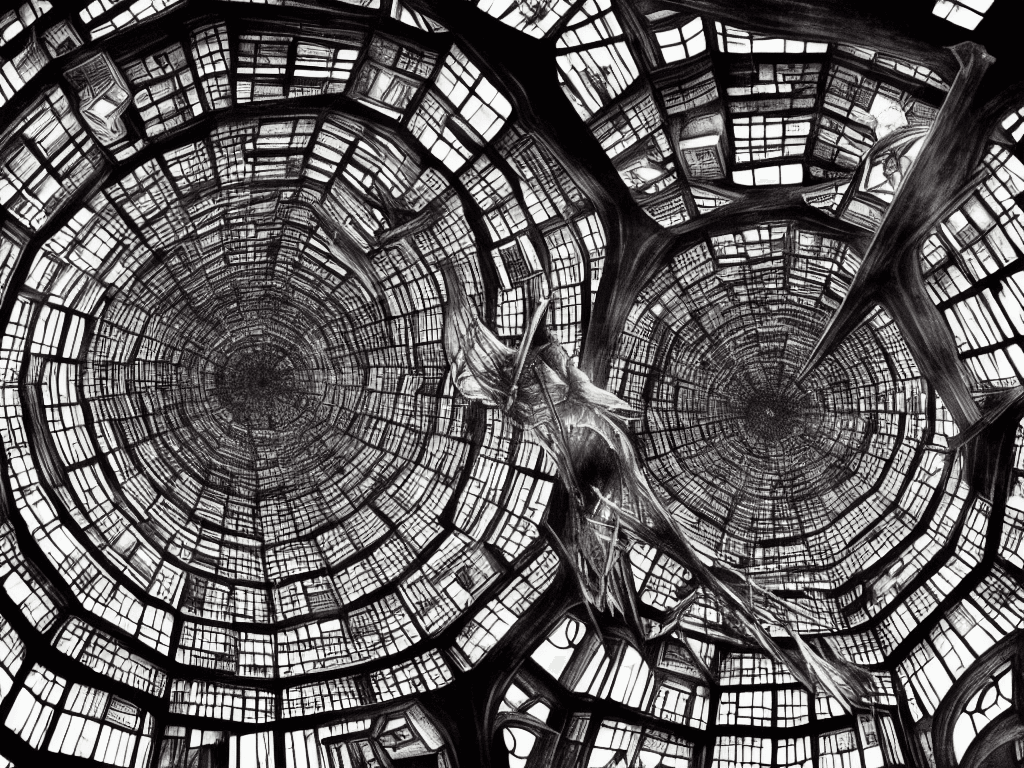 AI generated: staring up into the infinite celestial library, endless books, flying books, starry, sublime, cinema...