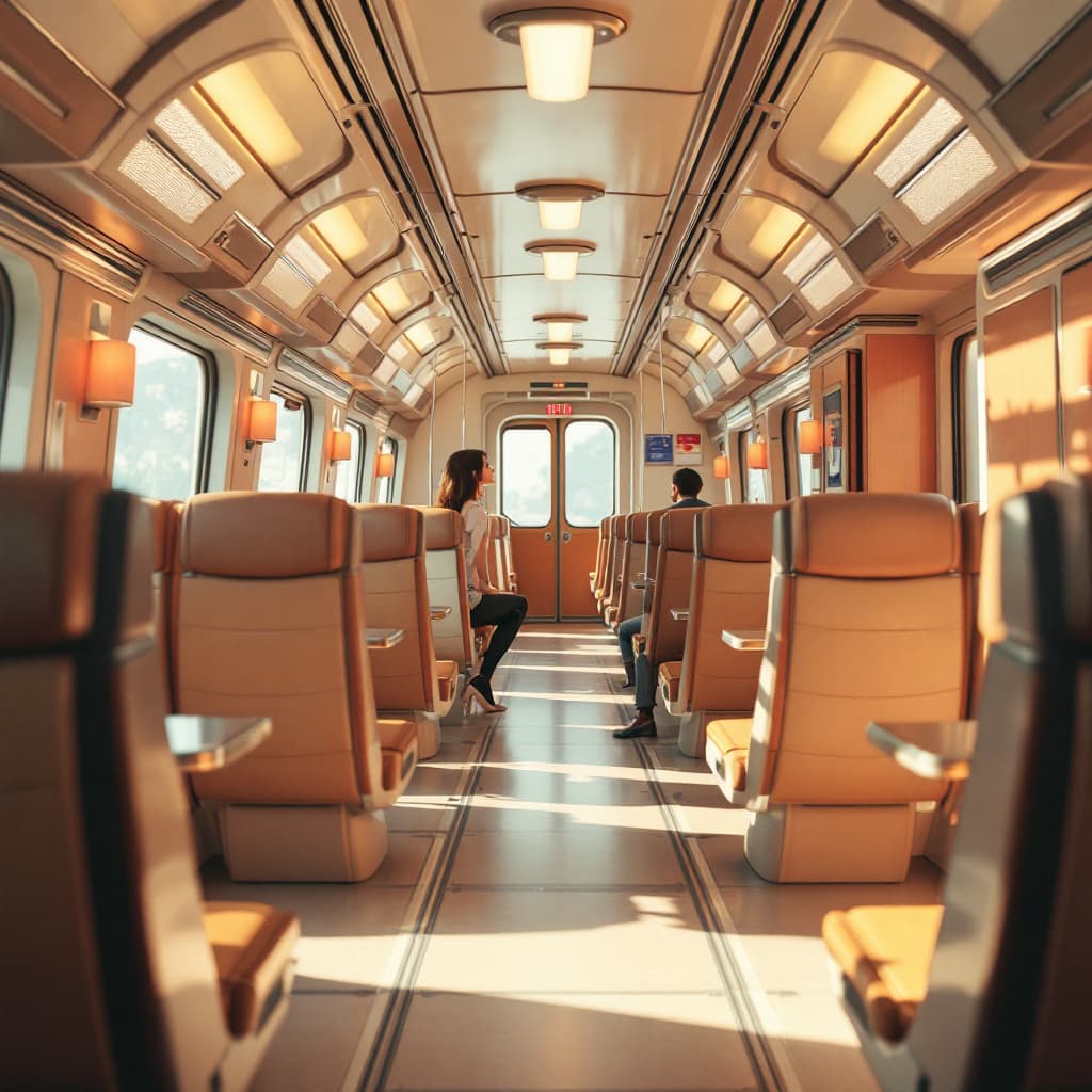 AI generated: a beautiful Wes Anderson style image of a bullet train interior with rotating seats, pertty female.