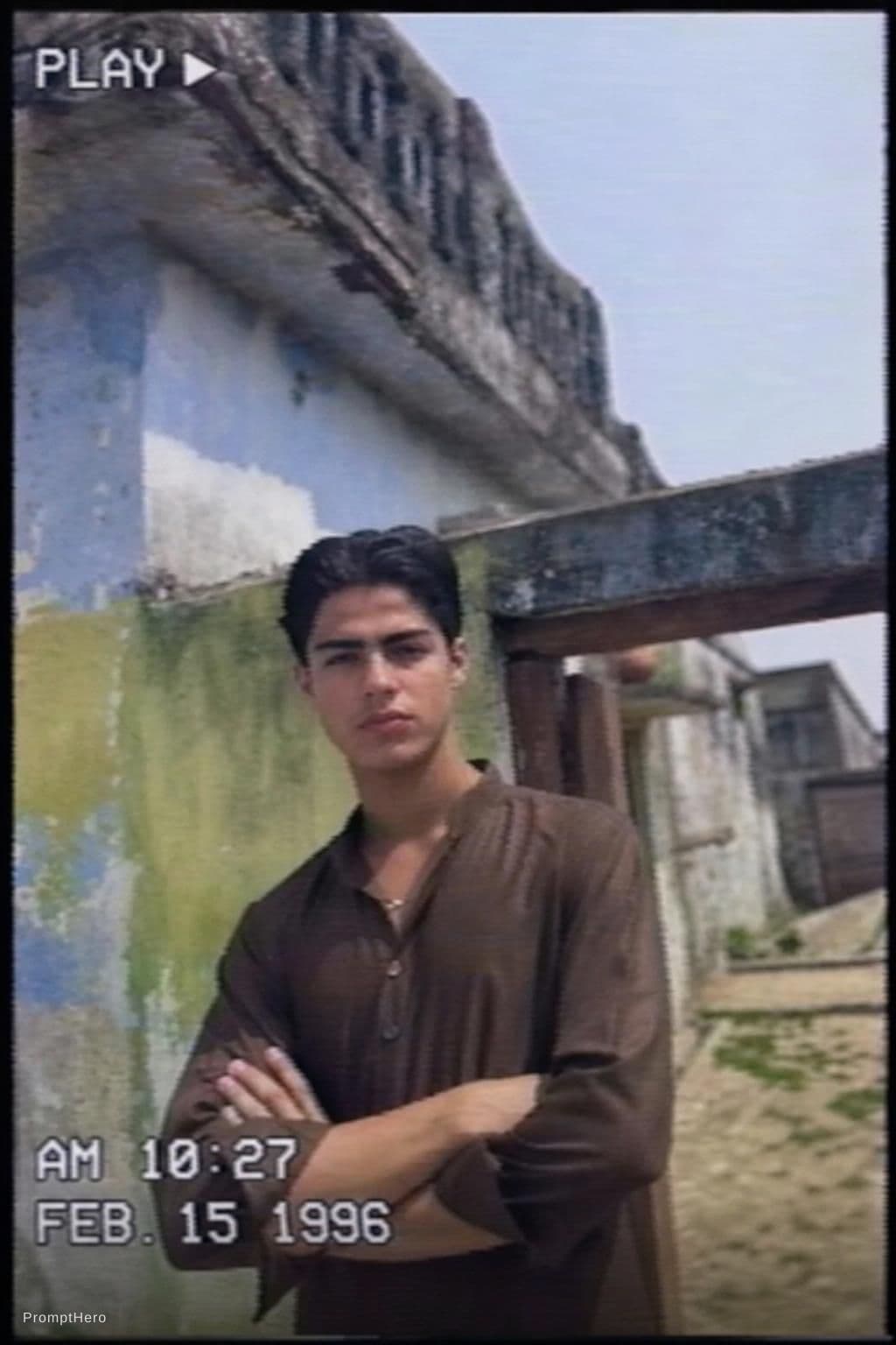 AI generated: Image of Cristiano Ronaldo from a VHS camcorder recorder in a highschool in Feb of 1996. Same grain ...