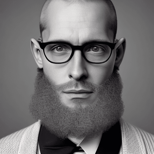 AI generated: photograph, front view, professional model, man, shaved hair and neat beard with horn-rimmed glasses...
