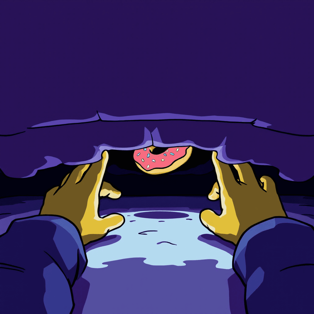 AI generated: Homer Simpson reaching for a donut that's under the couch. The view is from under the couch, you can...