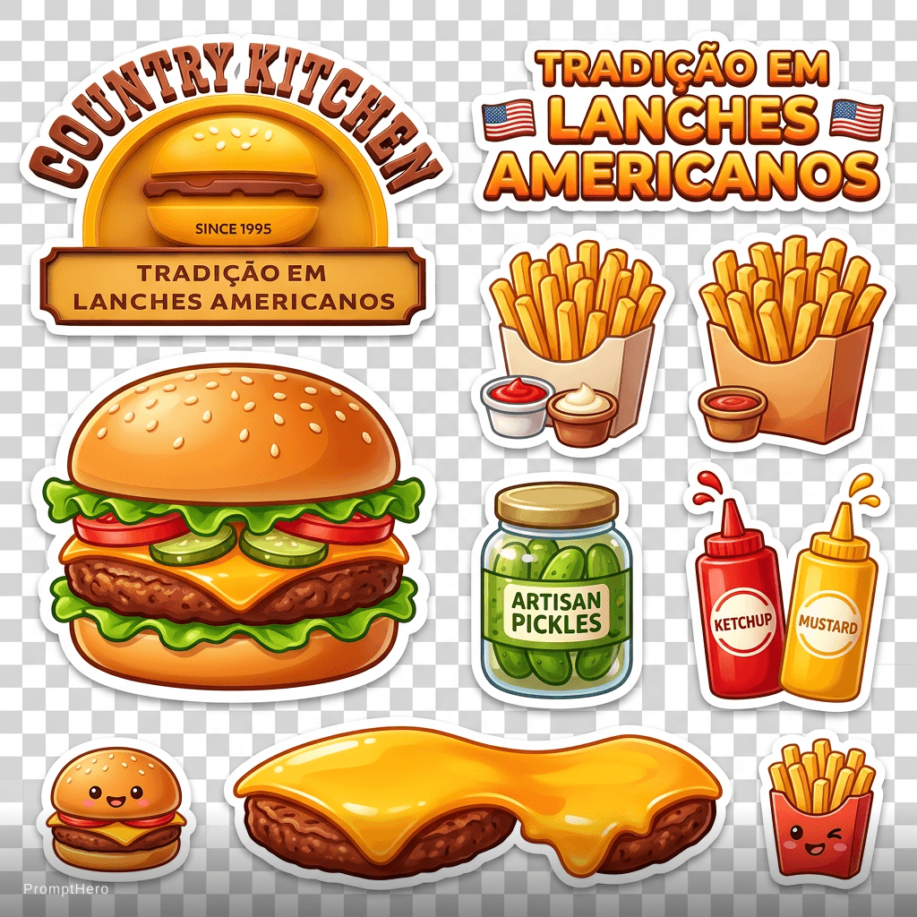 AI generated: Colorful 3D gourmet burger stickers, featuring artisan American burgers, crispy french fries, pickle...