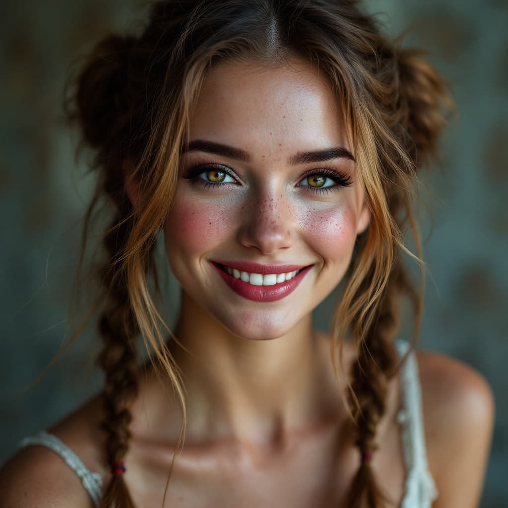 AI generated: beautiful lady, (freckles), big smile, ruby eyes, pigtails hair, dark makeup, hyperdetailed photogra...