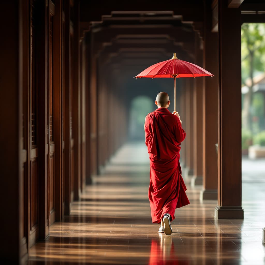AI generated: A young monk in a vibrant red robe walks gracefully down a serene, wooden corridor, holding a tradit...