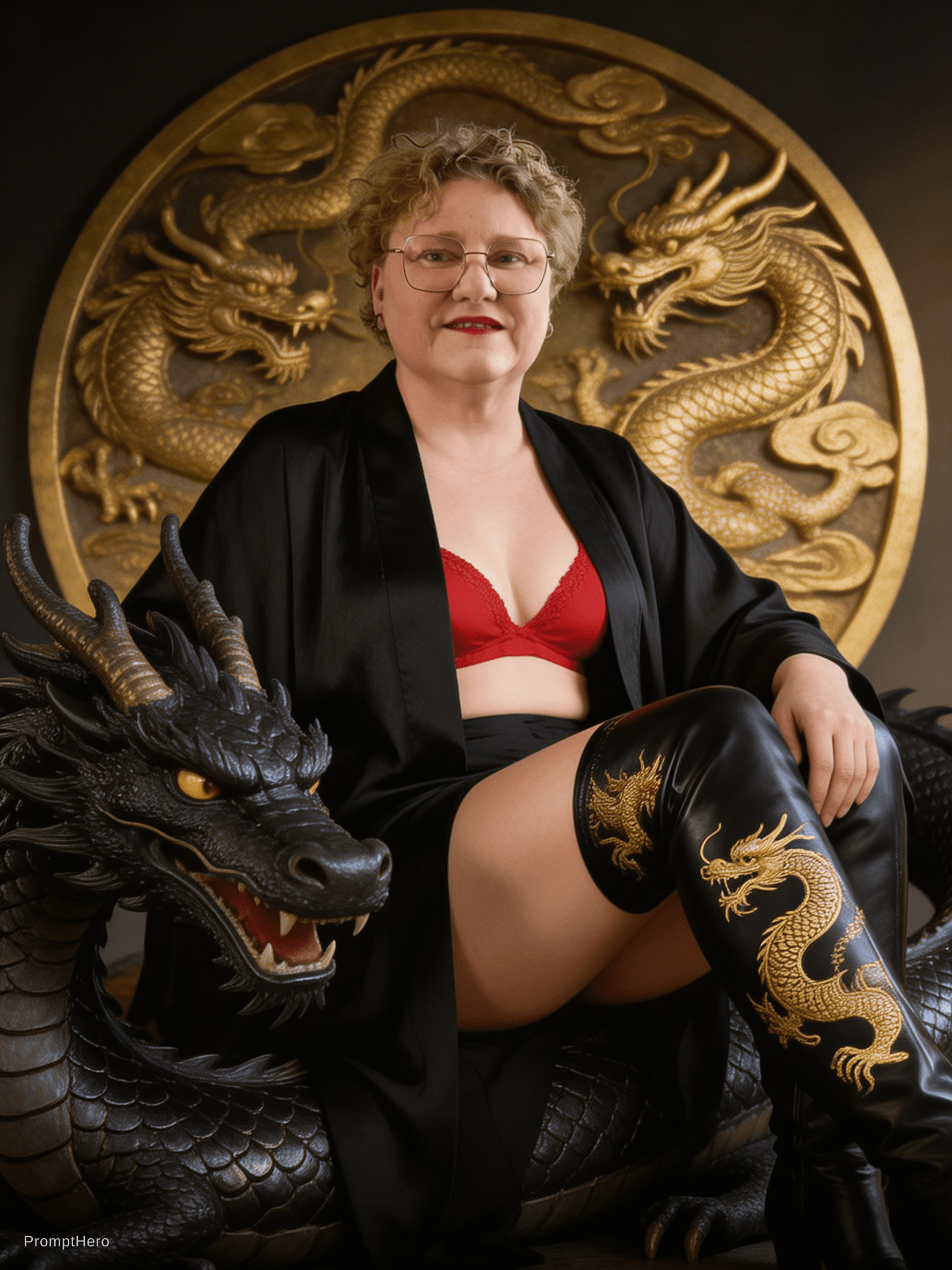 AI generated: A slightly plump woman of about 55 (referenced photo) sits confidently atop a coiled black dragon. S...