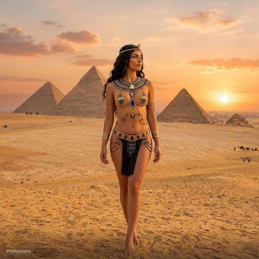 AI generated: a woman stands gracefully in front of the majestic Great Pyramids of Giza, bathed in the warm glow o...