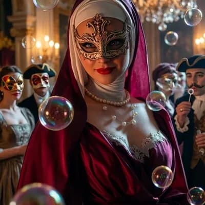 AI generated video: POV shot. A masquerade ball in a grand ballroom, late 20th century. The camera holds on a masked nob...