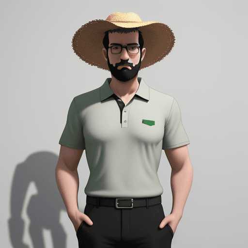 AI generated: A men,, without beard, whithout shadow , gray short hair, black Eyeglasses, straw hat, wearing a gre...