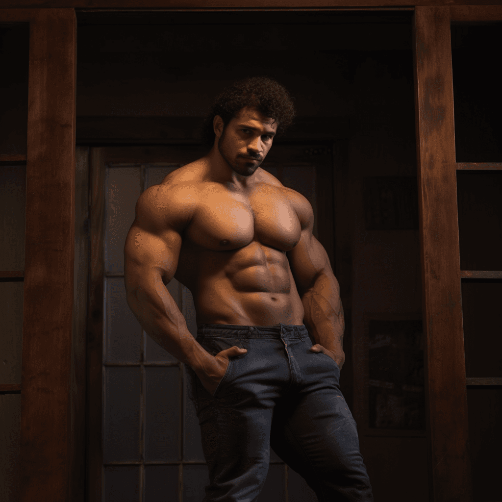 AI generated: man, ((hairy legs)), standing, handsome, muscular, latino 