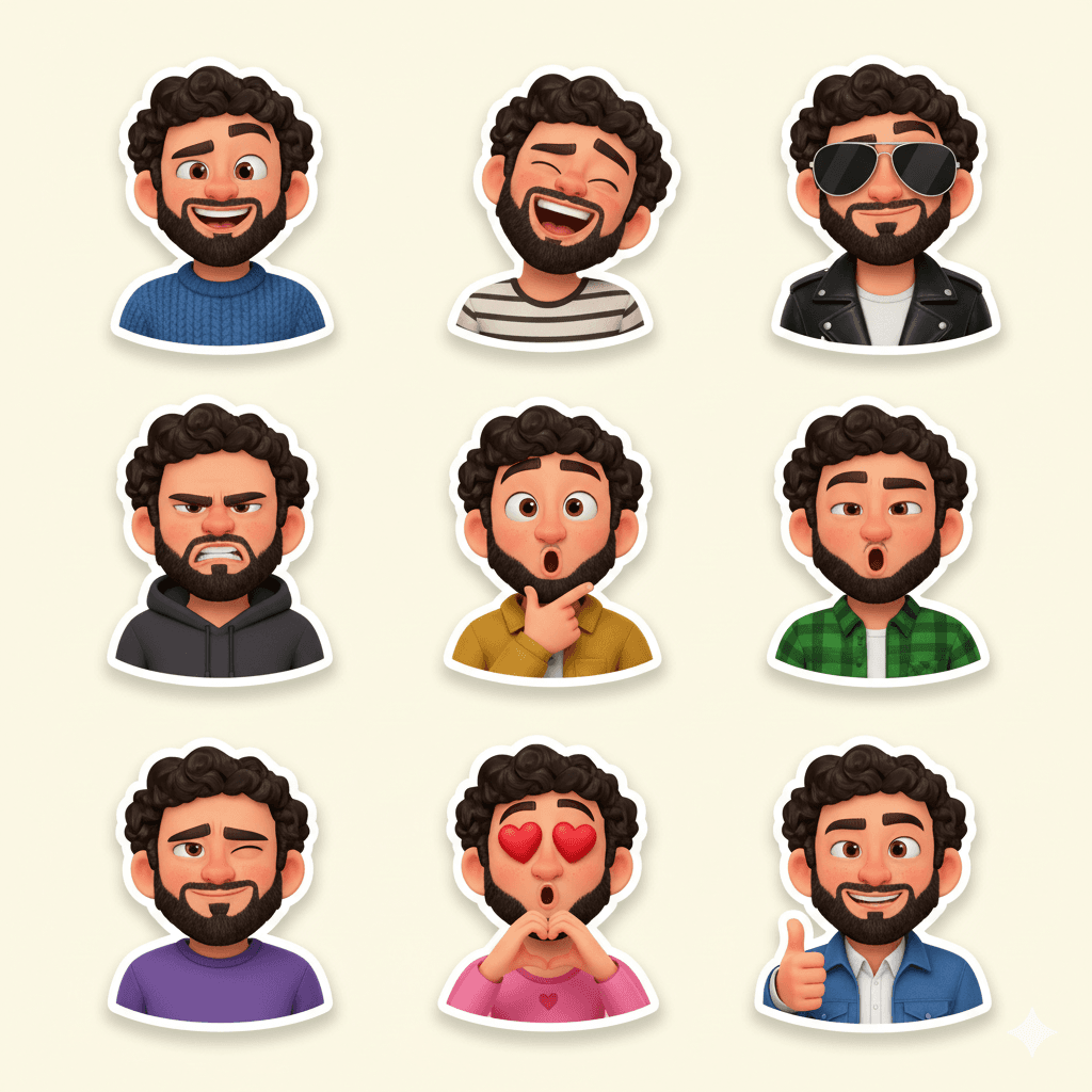 AI generated: Create a premium Pixar-style 3D character sticker set that is clearly recognizable as the same perso...