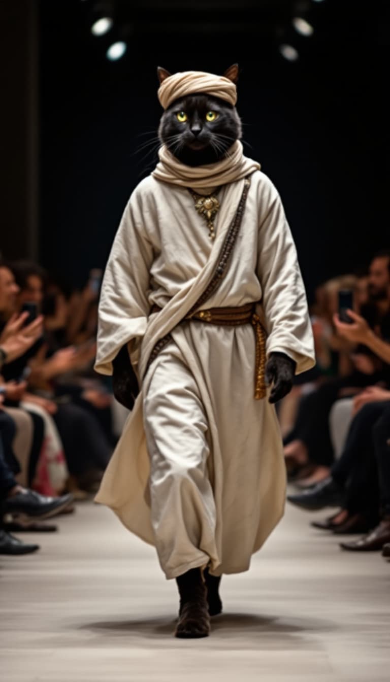 AI generated: A tall, muscular black cat dressed in Moroccan clothing (jellaba, turban and turban) walks in a fash...