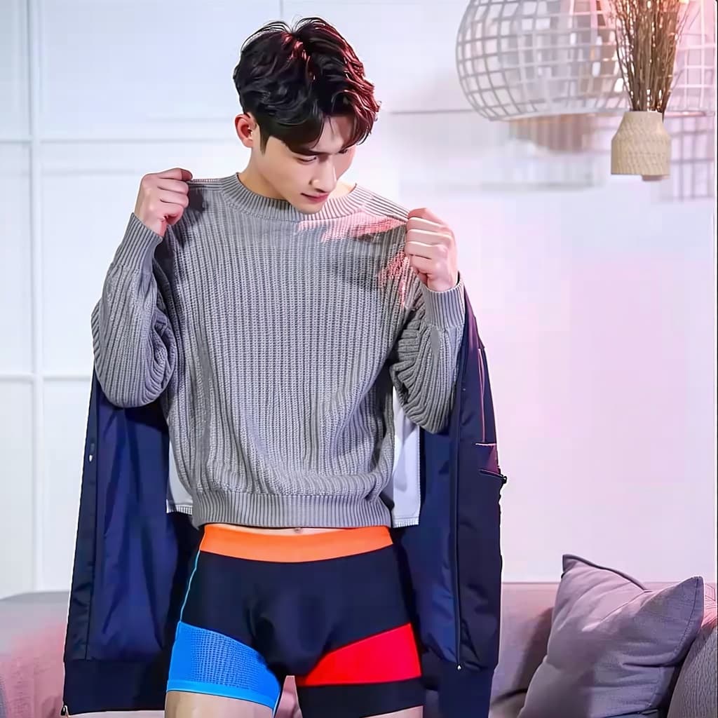 AI generated: entferne den pullover von dem mann er hat eine sportliche bunte boxershorts an