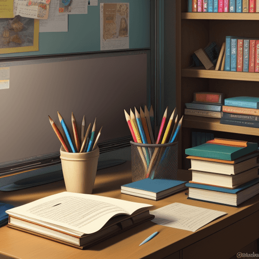 AI generated: Desktop with books and pencils
