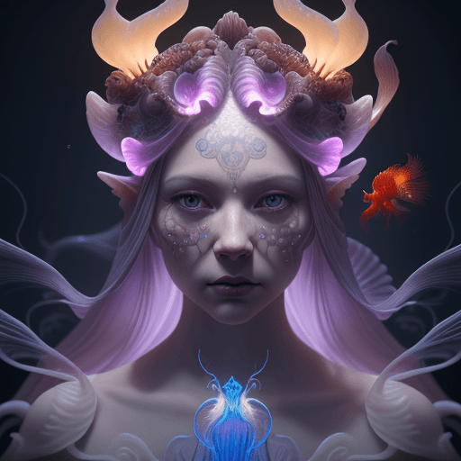 AI generated: Goddess close-up portrait ribcagel. jellyfish phoenix head, nautilus, orchid, skull, betta fish, bio...