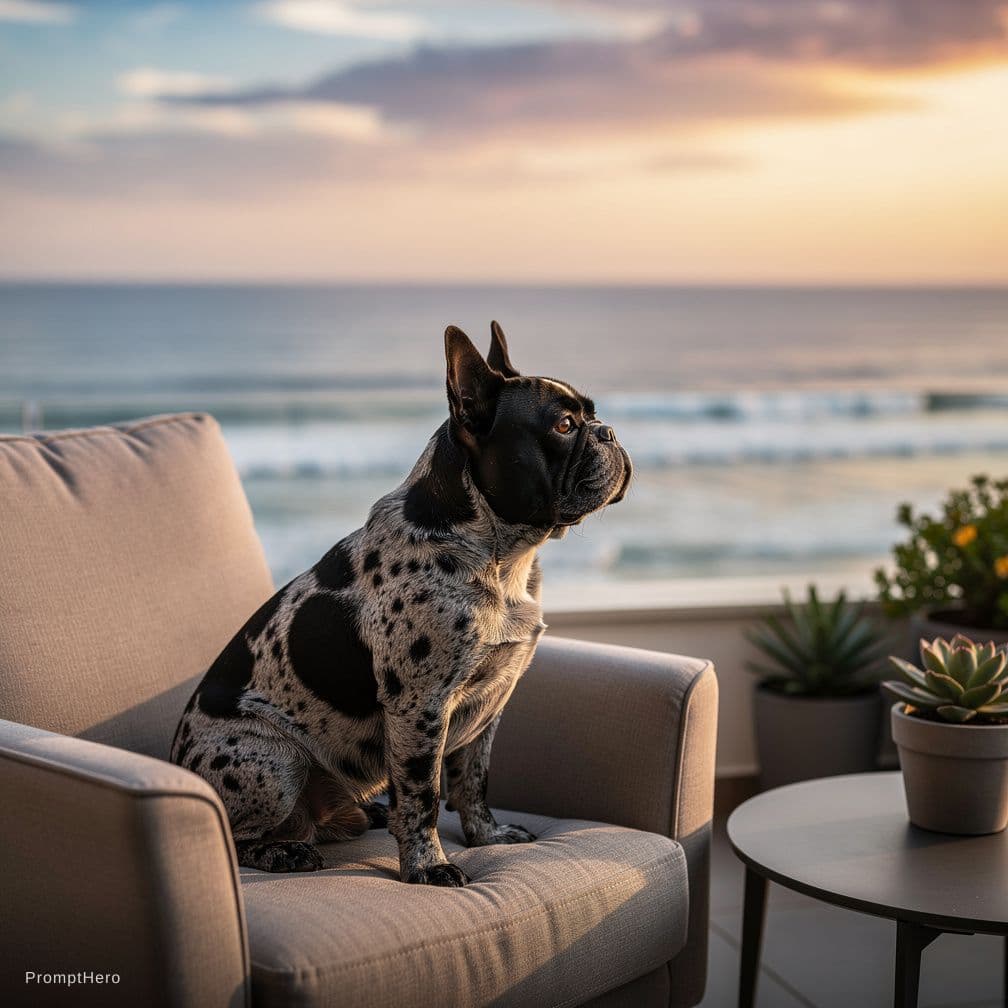 AI generated: bulldog frances black merlé, sobre un sillon en una terraza mirando hacia el oseano
