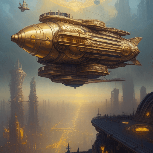 AI generated: Oil painting of steampunk airship floating over a futuristic city, art deco style, gold tones, satur...