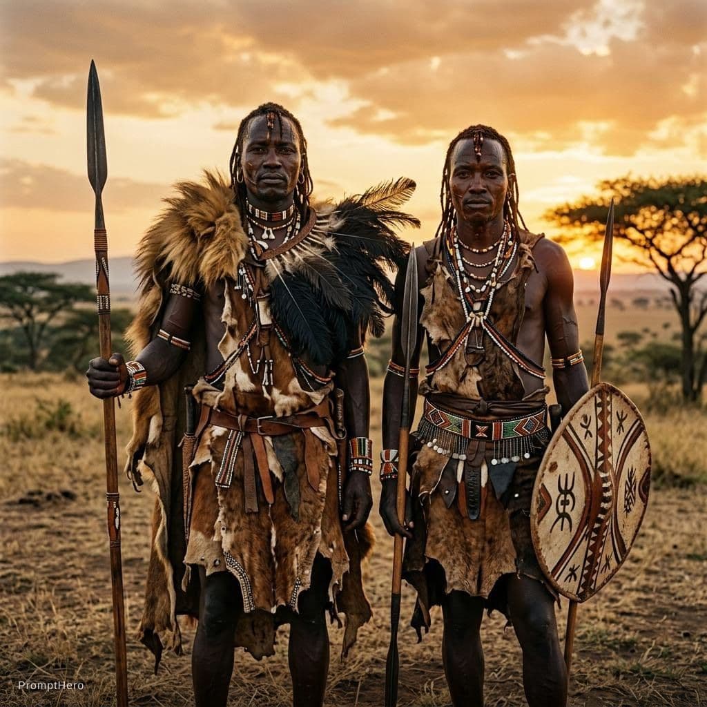 AI generated: Two proud 30-year-old Maasai warriors, standing together and embodying the rich cultural heritage of...