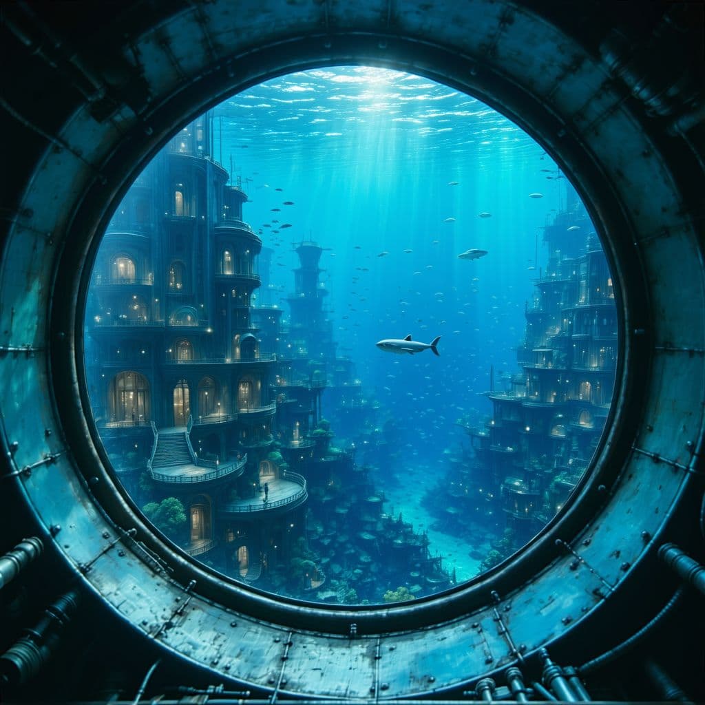 AI generated: Create a photo-realistic image of an underwater city 1,000 feet below the ocean surface. The perspec...