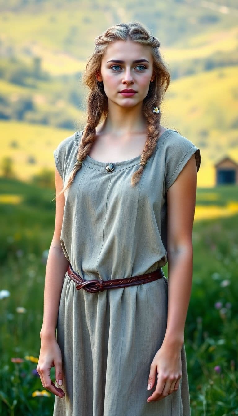AI generated: A young Germanic woman from ancient times, standing alone in a natural setting during summer. She em...