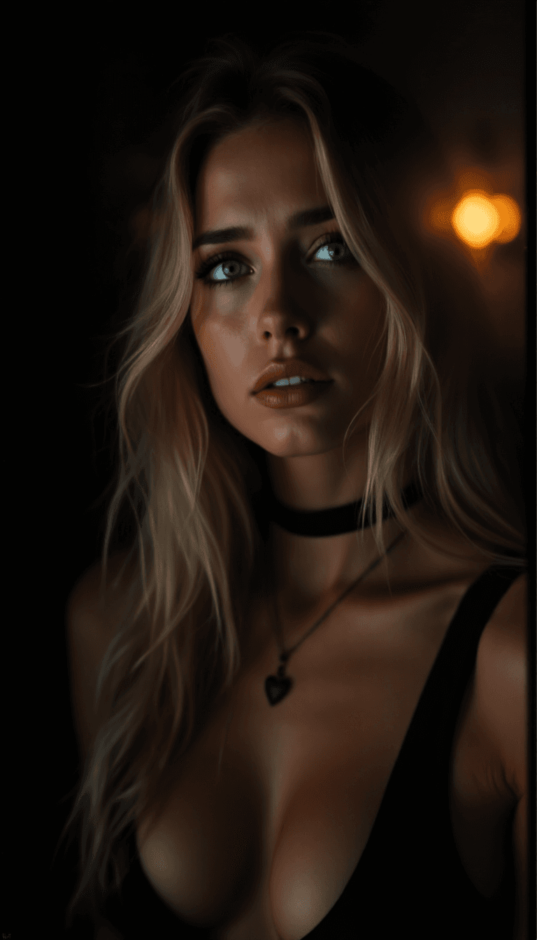AI generated: A woman with long blonde hair and striking blue eyes, adorned with a choker necklace featuring a hea...