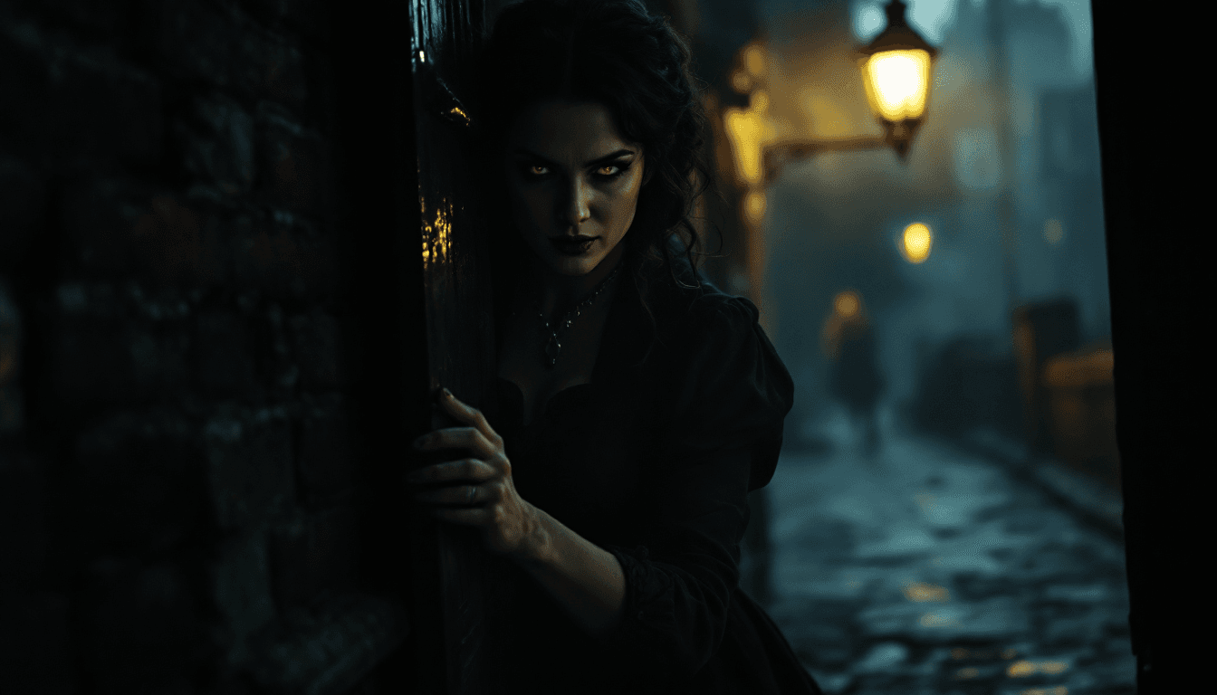 AI generated: A Victorian-era woman lurking in the shadows of a darkened doorway, her figure partially obscured by...
