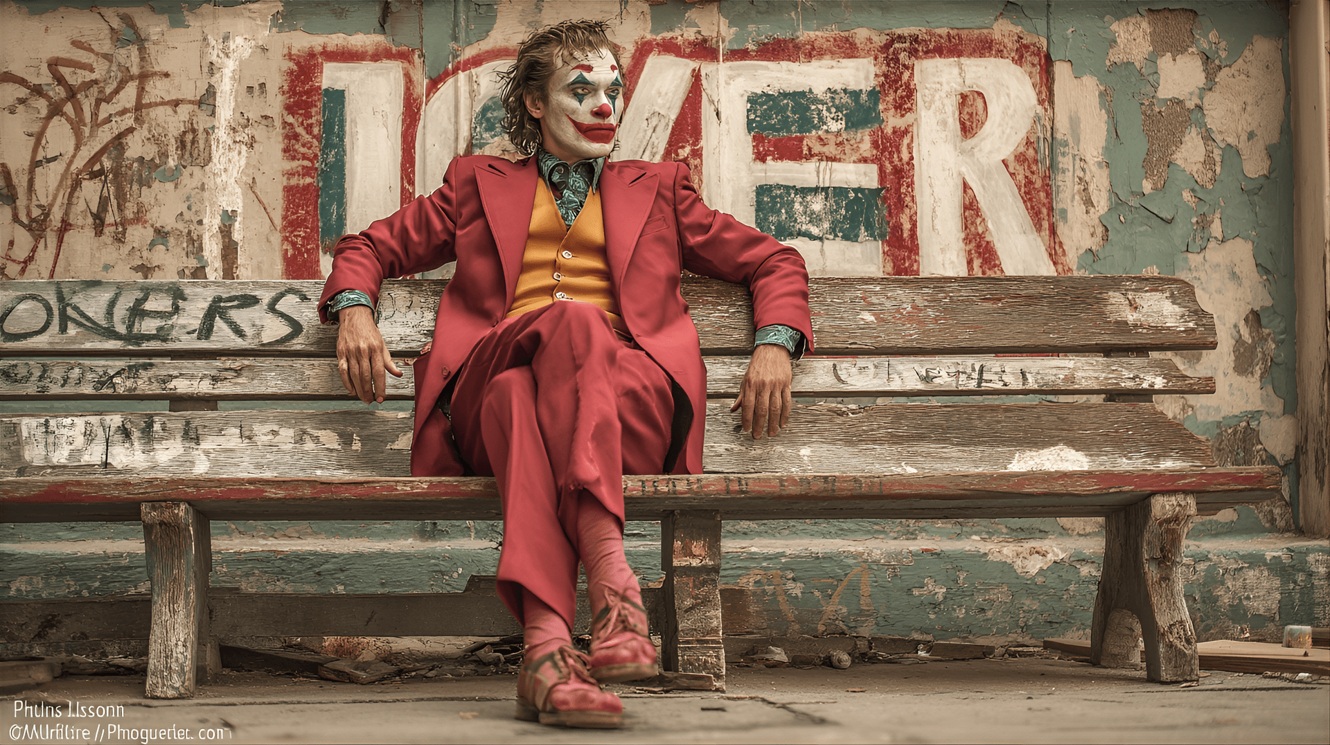 AI generated: Joaquin Phoenix portraying his character Arthur Fleck from the film "Joker". He is seated on a dilap...