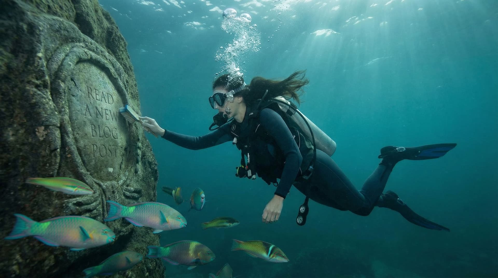 AI generated: underwater and a female suba diver in a 2 piece diving suit, her hair flowing out with the water, sc...