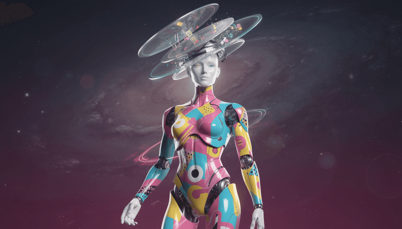 AI generated:  An  surrealistic android with  a stacked multi dimension layered futurist  strange helmet and resem...
