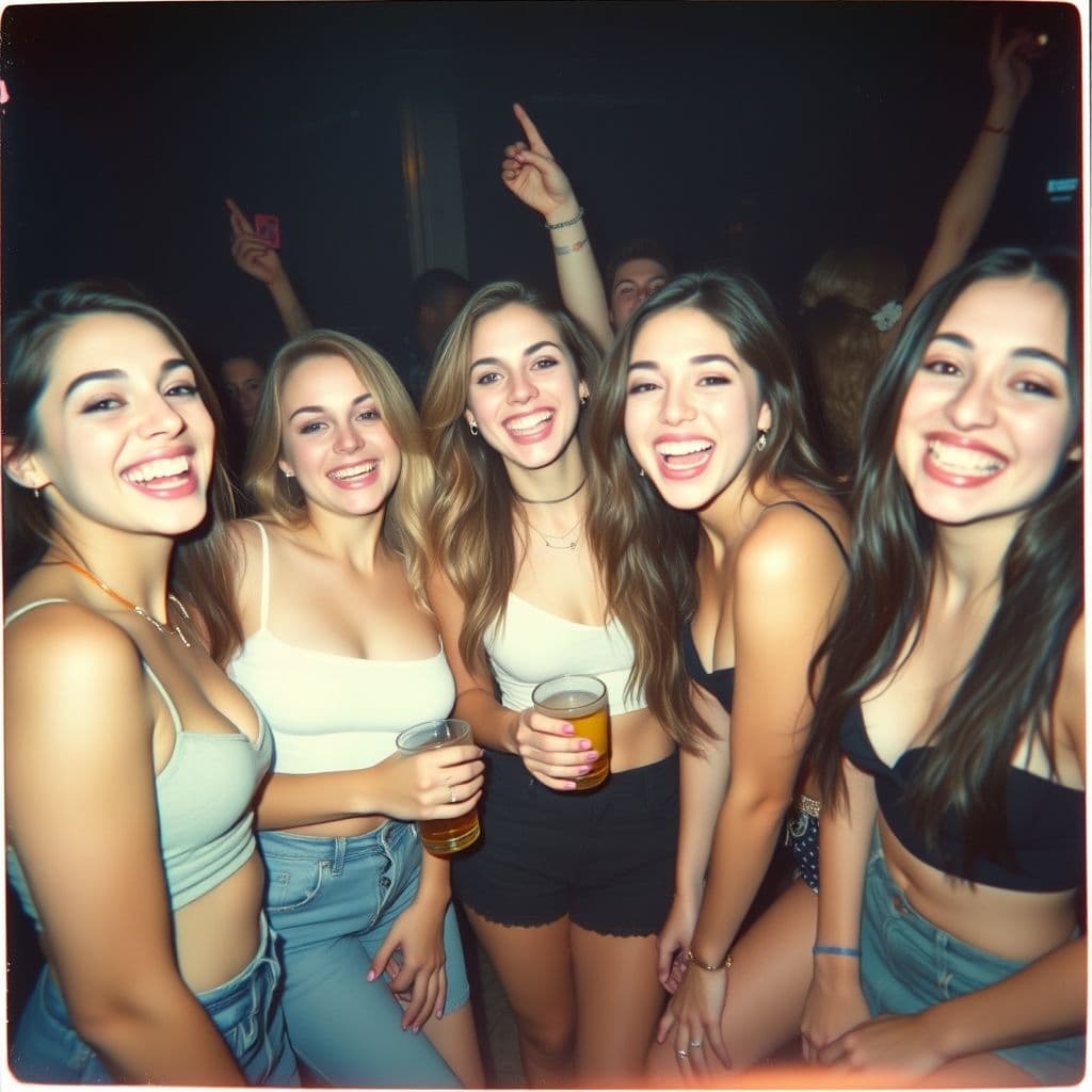 AI generated: Candid 35mm Polaroid of a group of gorgeous girls partying at a dance club. They look like trouble. ...