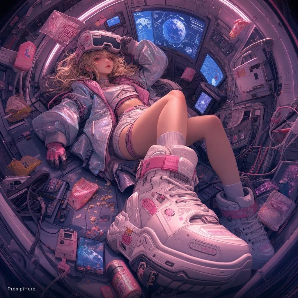 AI generated: A vertical wide-angle anime illustration of a futuristic girl reclining inside a cramped, circular s...