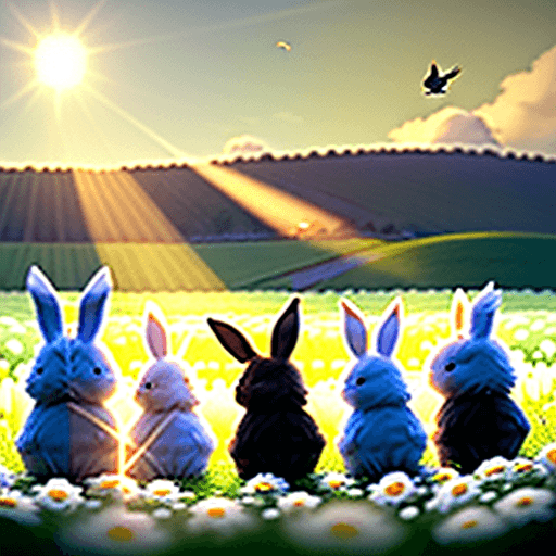 AI generated: five small photorealistic rabbits with fluffy hair on a green field with lots of white flowers, look...