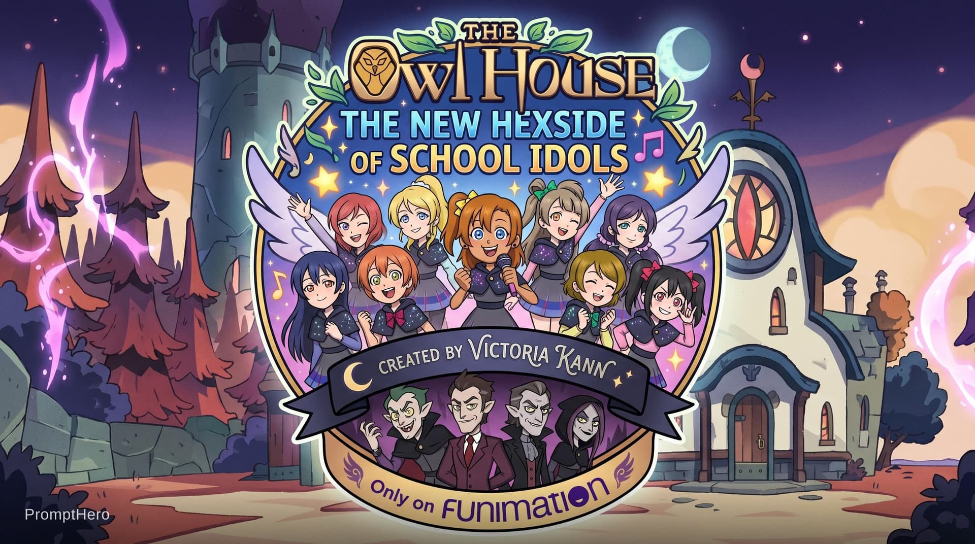 AI generated: The Owl House The New Hexside of School Idols logo, created by Victoria Kann, protagonists: Honoka K...
