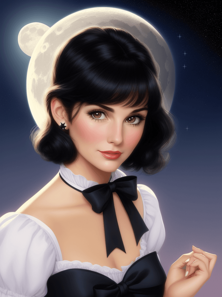 AI generated: pretty woman, face, moon, stars, cute, classic, ribbon, disney style, black hair