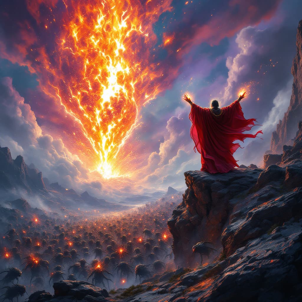 AI generated: A powerful archmage in flowing crimson and gold robes stands atop a craggy cliff [dramatic pose], ar...