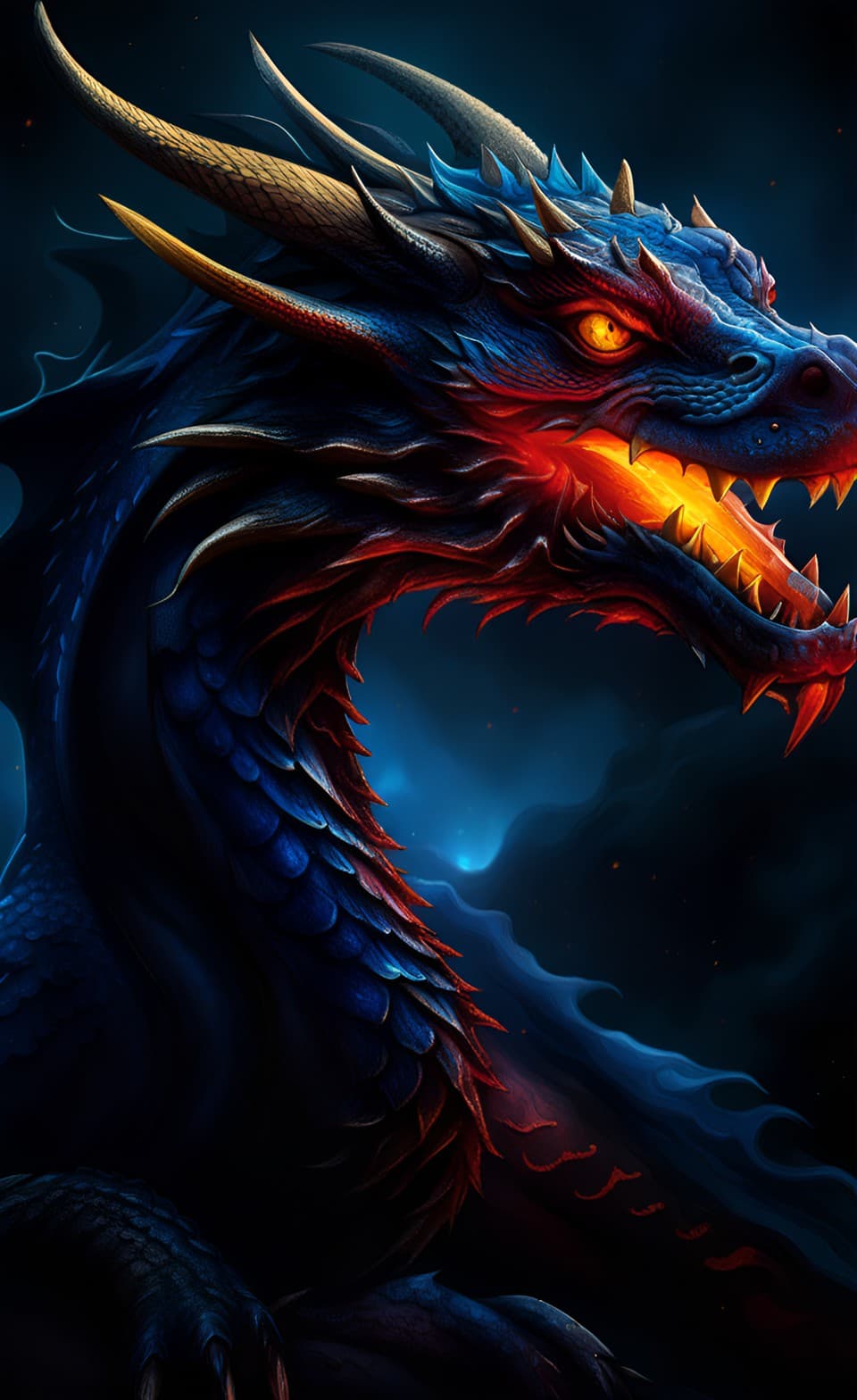 AI generated: giant fire dragon, majestic, fantasy, dark blue scales, glowing bright yellow eyes, egdy, beautiful,...