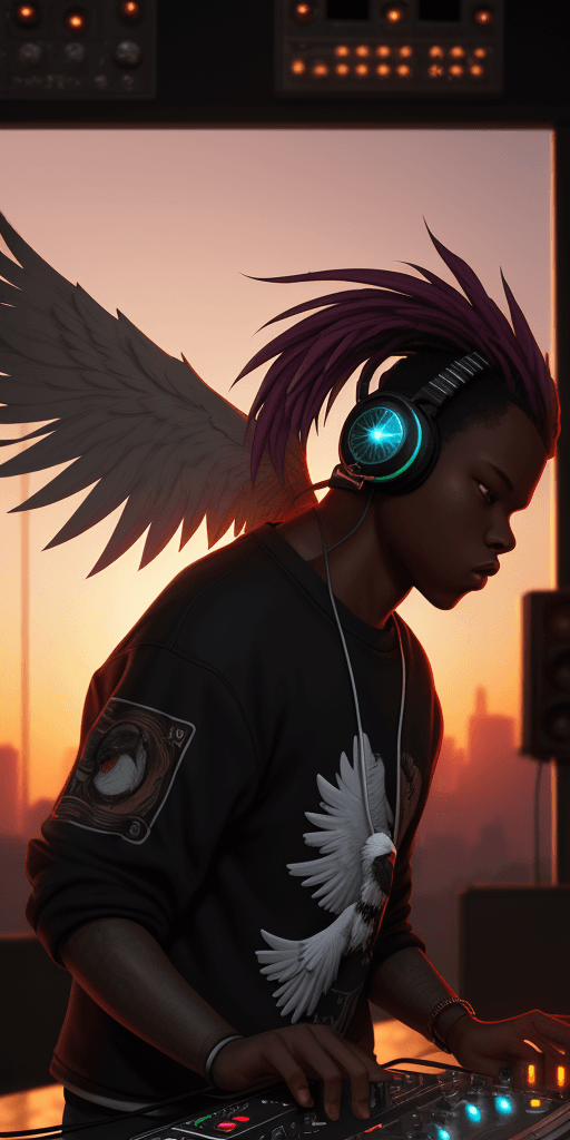 AI generated: (nvinkpunk:1.2) (snthwve style:0.8) DJ eagle, headphone, anthro, lightwave, sunset, intricate, highl...