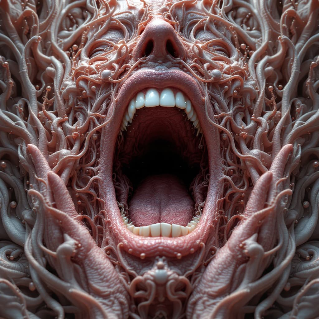 AI generated: A woman being swallowed whole by a man, intricate artwork . octane render, trending on artstation, s...