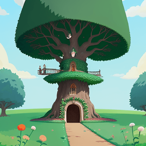 AI generated: Illustration: A majestic tree with a secret door and cheerful lutins around it, wearing pointed hats...
