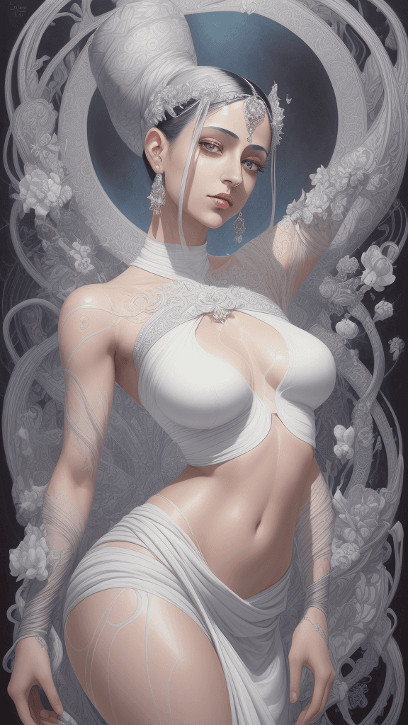 AI generated: a beautiful woman in a white crop top, in the style of light white and dark silver, hannah yata, y2k...