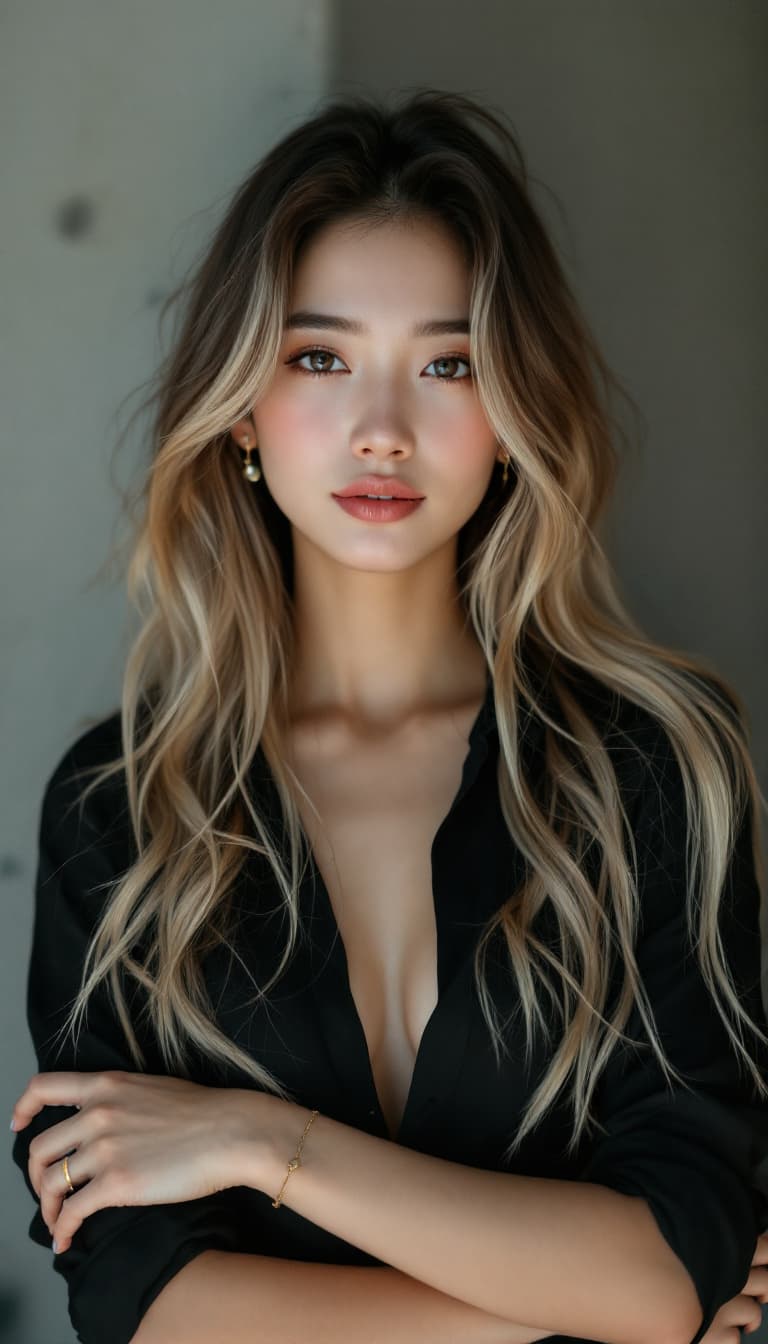AI generated: a Asian woman in black shirt with her arms folded against , long blonde , normcore, dark silver and ...
