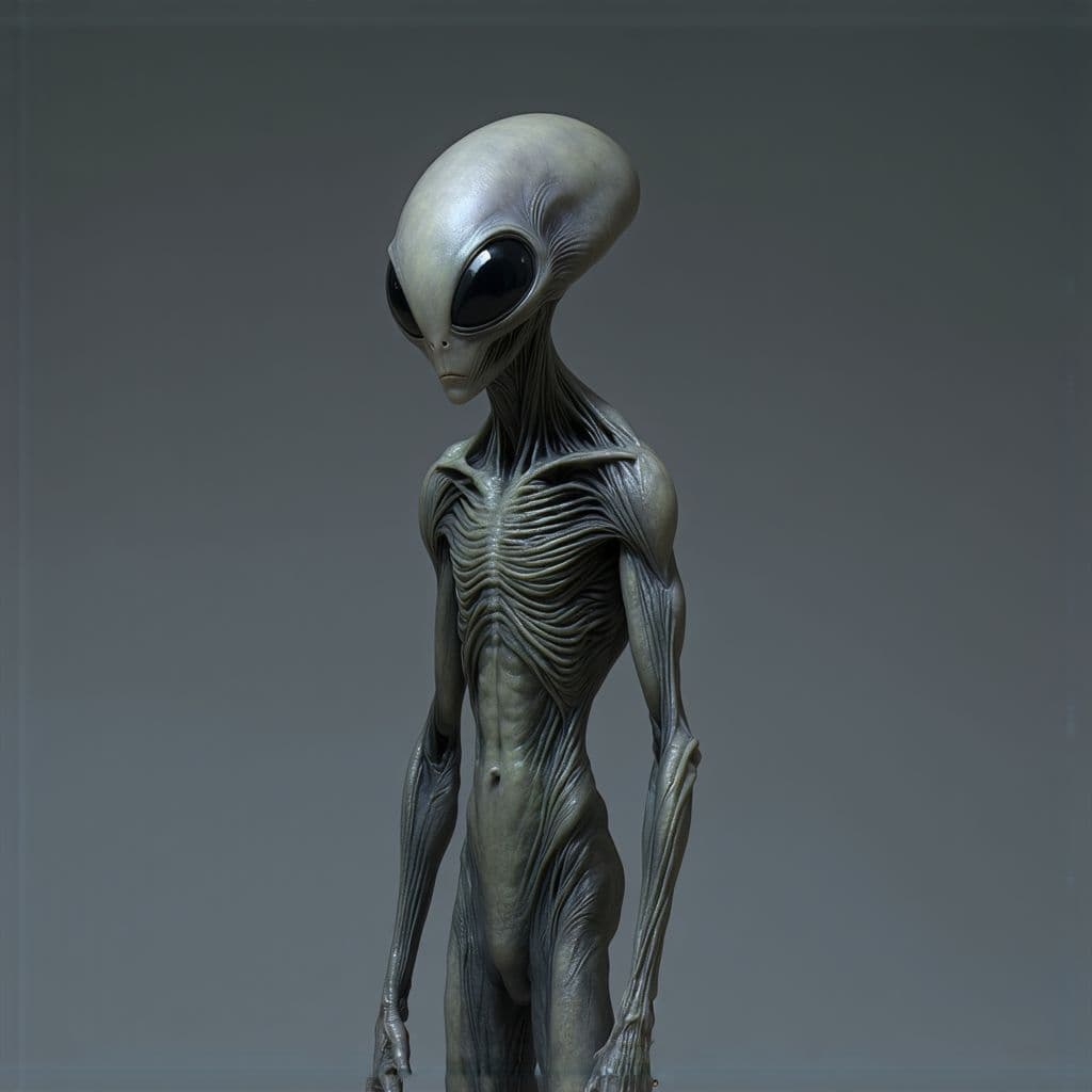 AI generated: Grey aliens are typically portrayed as being short, slender, and frail in comparison to humans, ofte...