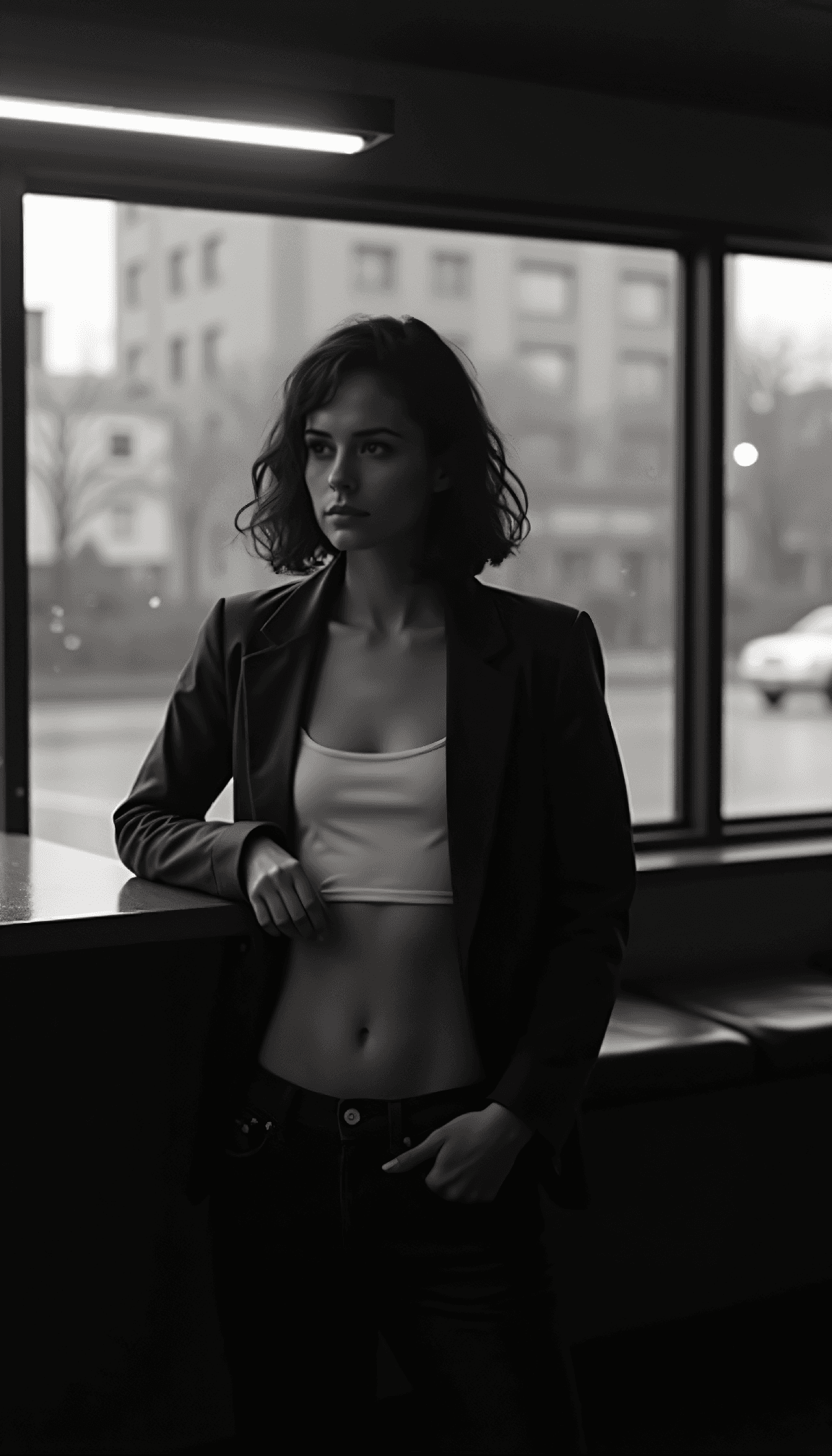 AI generated: A black and white scene in Jim Jarmusch style: A lone female figure stands in a dimly lit late-night...