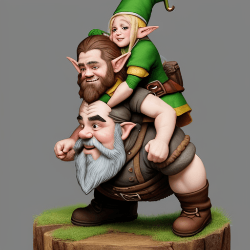 AI generated: a dwarf giving an elf a piggyback ride