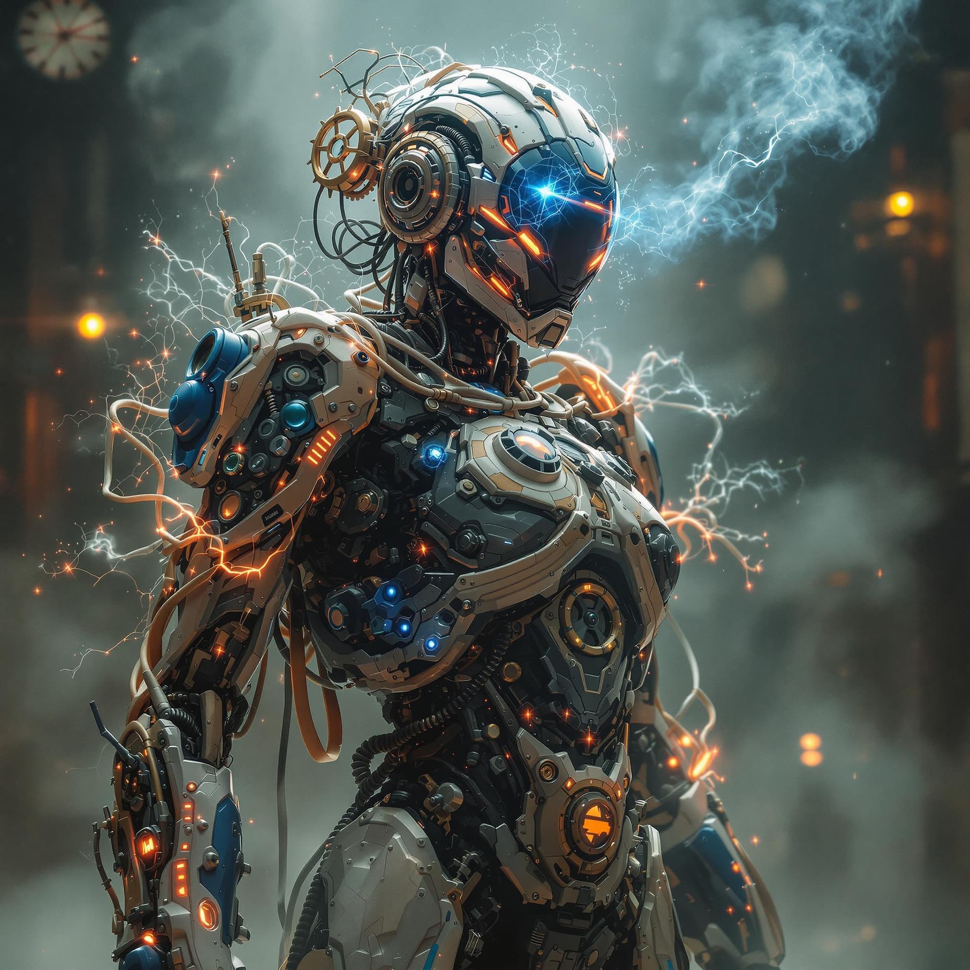 AI generated: electric cyborg in a steampunk world,full body,lensflare,misty,steam,intricate detailed