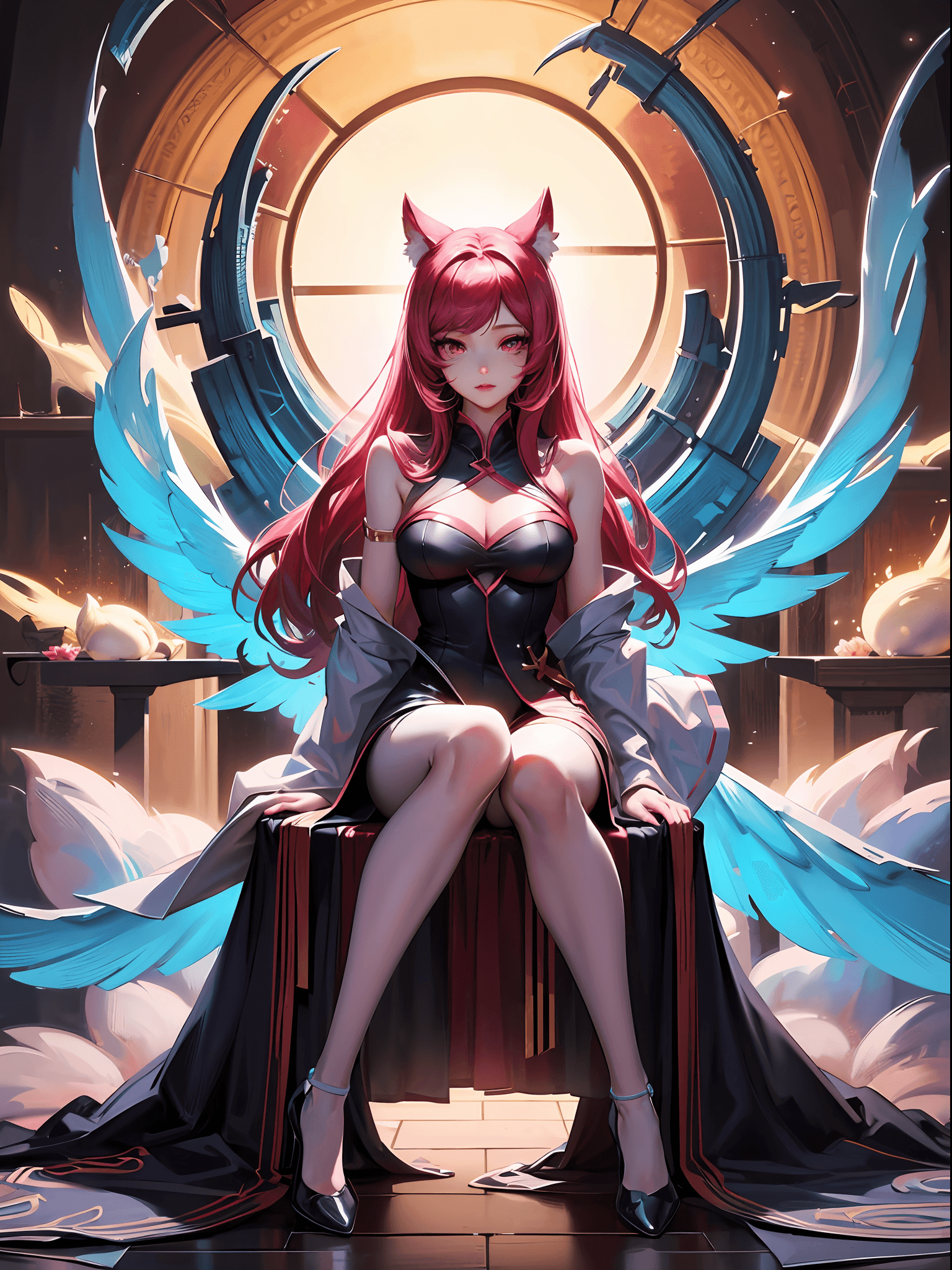 AI generated: anime girl with wings sitting on a floor in a dark room, seraphine ahri kda, ahri, 8k high quality d...