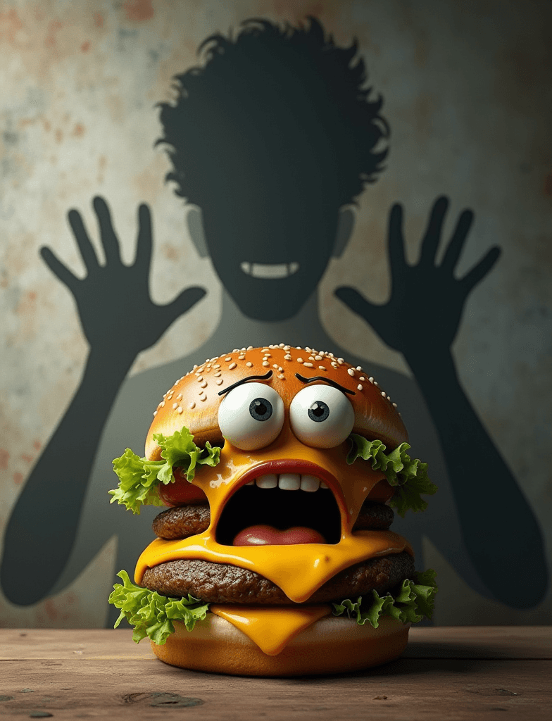 AI generated: A hyper-realistic, expressive scene featuring a frightened cheeseburger standing upright in front of...