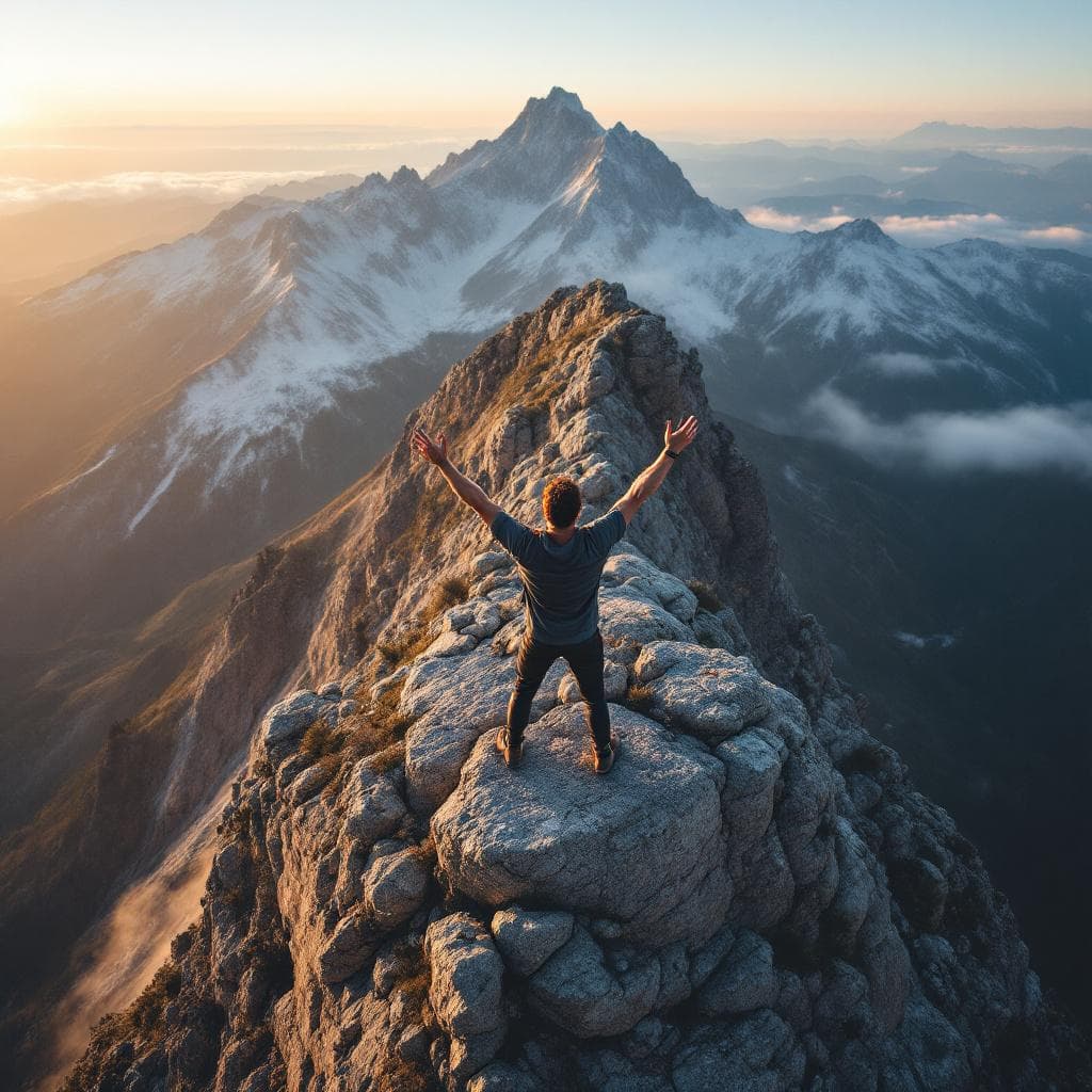 AI generated: a man celebrating on top of the biggest mountain